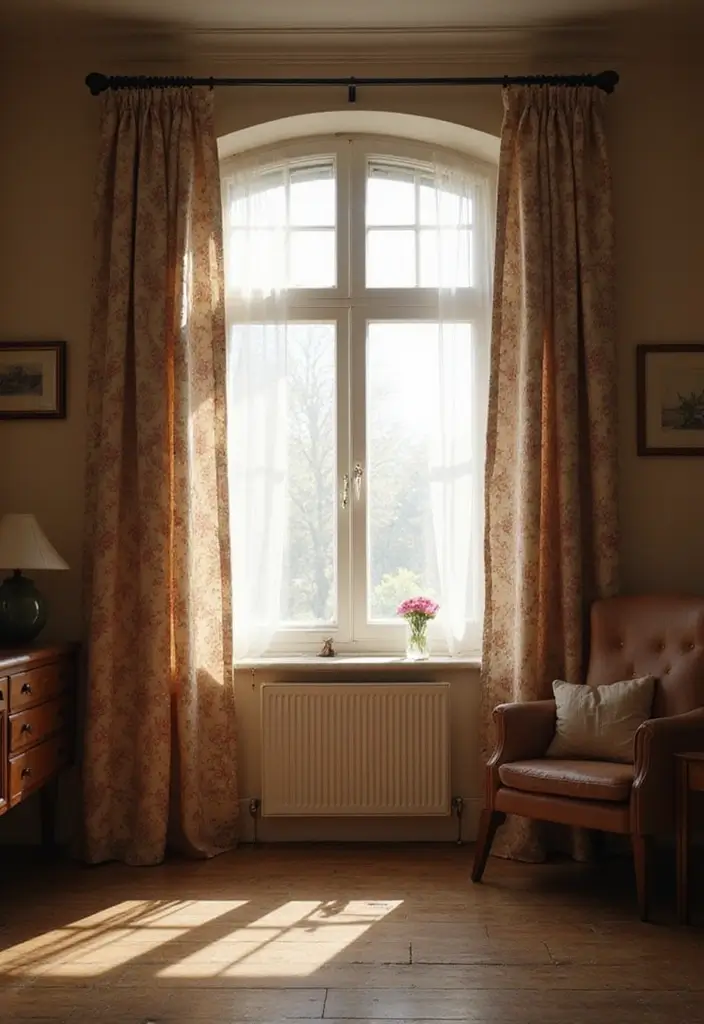 27 Living Room Decor Cozy Vintage Ideas That Add Retro Charm - 23. Vintage Style Curtains