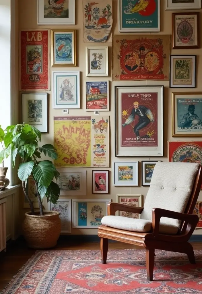 27 Living Room Decor Cozy Vintage Ideas That Add Retro Charm - 3. Retro Wall Art