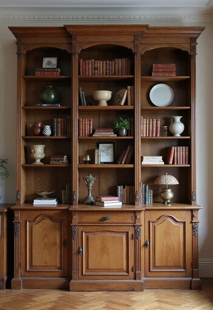 27 Living Room Decor Cozy Vintage Ideas That Add Retro Charm - 7. Vintage Bookshelves