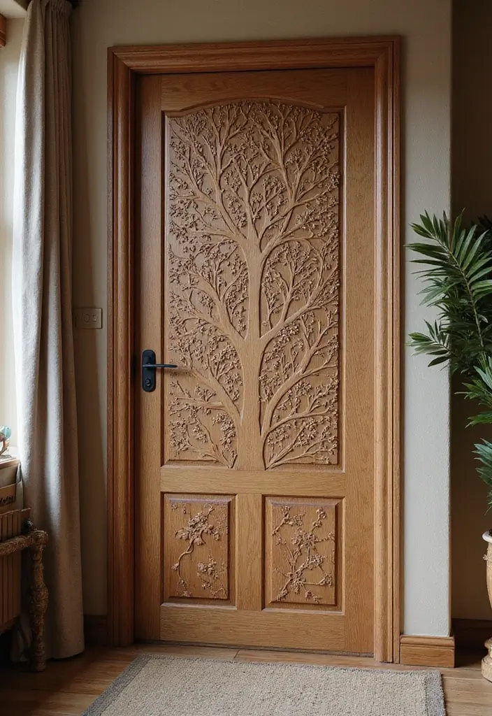 27 Living Room Door Ideas That Feel Unique and Welcoming - 12. Nature-Inspired Carved Door