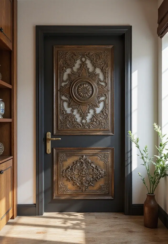 27 Living Room Door Ideas That Feel Unique and Welcoming - 24. Artistic Metal Door