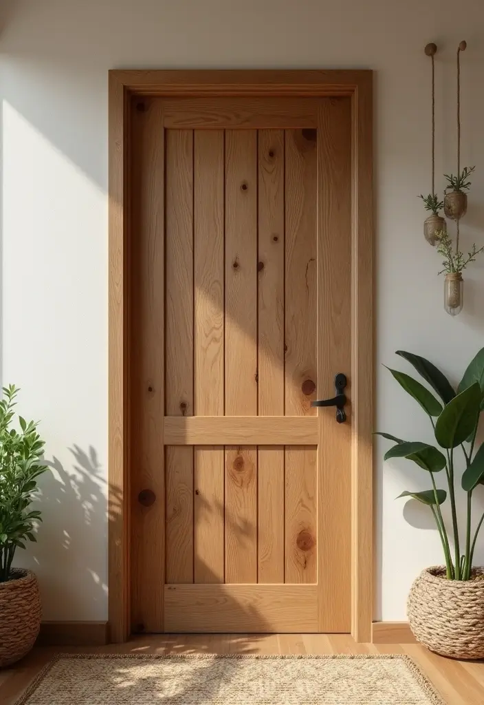 27 Living Room Door Ideas That Feel Unique and Welcoming - 5. Nature-Inspired Wood Door