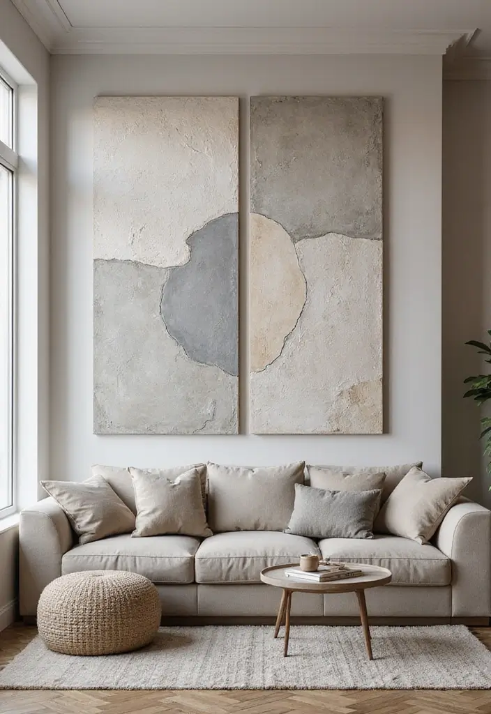 27 Living Room Grey and Beige Ideas That Feel Balanced and Calm - 13. Artistic Grey and Beige Wall Décor