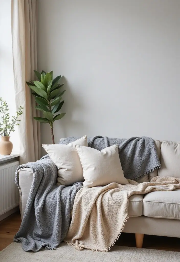 27 Living Room Grey and Beige Ideas That Feel Balanced and Calm - 17. Grey and Beige Throw Blankets