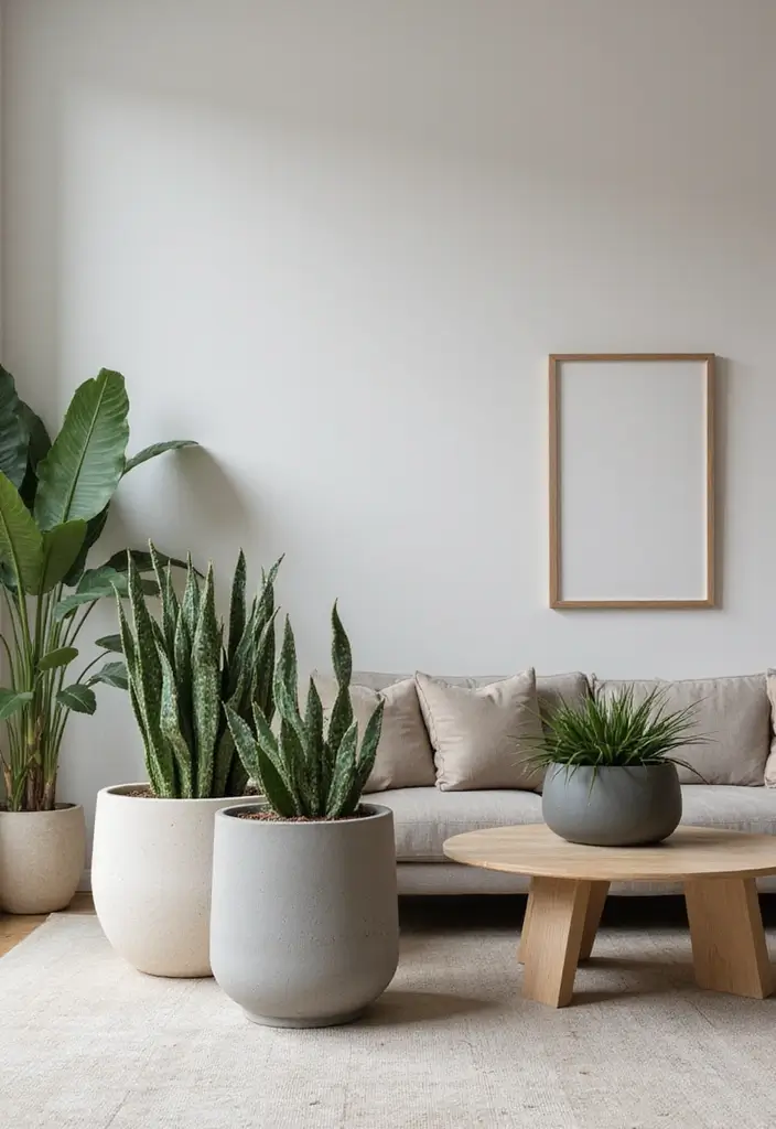 27 Living Room Grey and Beige Ideas That Feel Balanced and Calm - 18. Stylish Planters