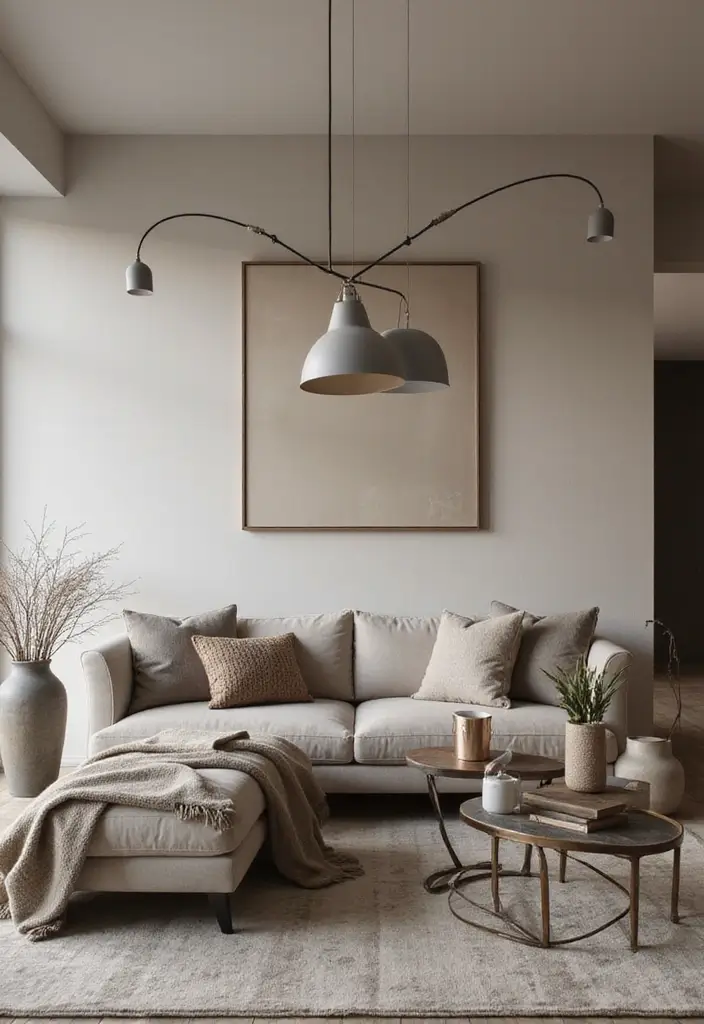 27 Living Room Grey and Beige Ideas That Feel Balanced and Calm - 19. Grey and Beige Lighting Fixtures