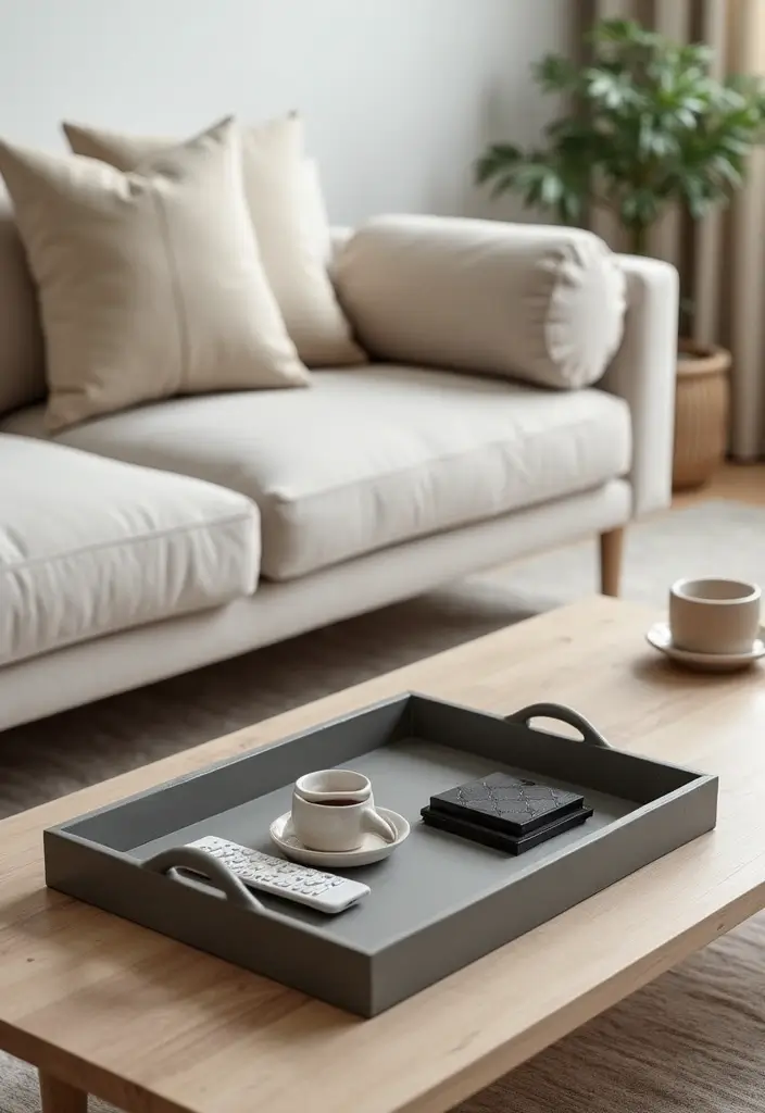27 Living Room Grey and Beige Ideas That Feel Balanced and Calm - 20. Beige and Grey Decorative Trays