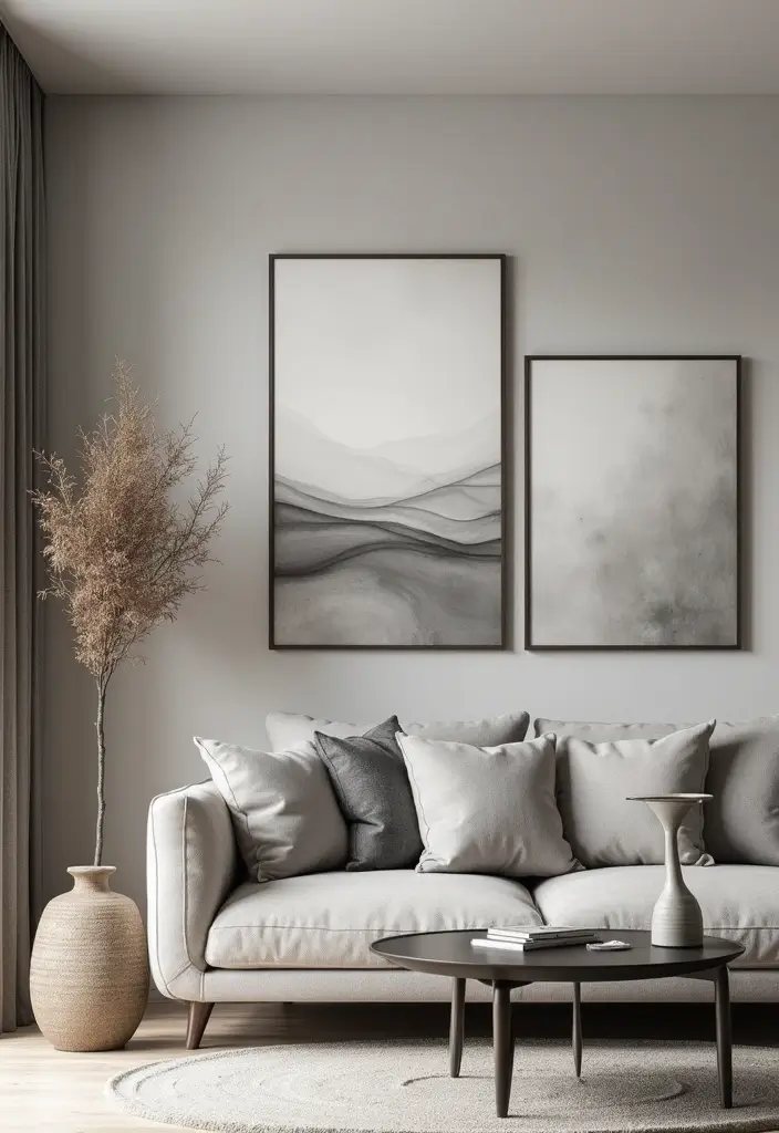 27 Living Room Grey and Beige Ideas That Feel Balanced and Calm - 24. Minimalist Grey Wall Art
