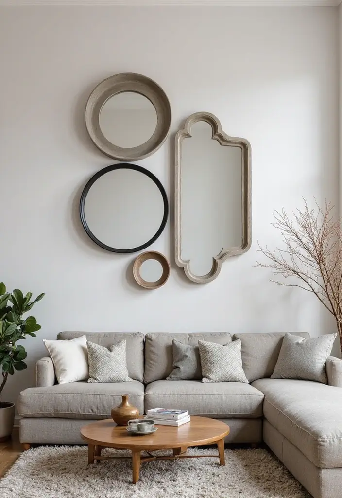 27 Living Room Grey and Beige Ideas That Feel Balanced and Calm - 25. Decorative Mirrors