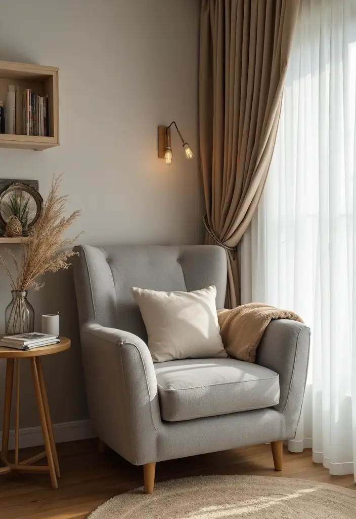 27 Living Room Grey and Beige Ideas That Feel Balanced and Calm - 27. Cozy Reading Nook