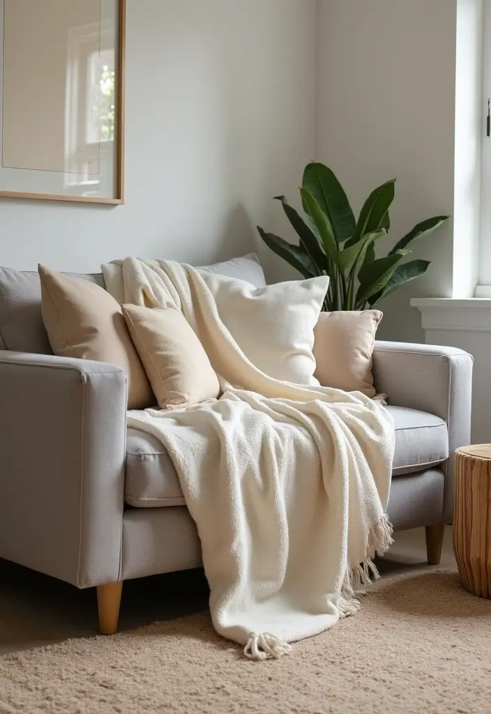 27 Living Room Grey and Beige Ideas That Feel Balanced and Calm - 8. Cozy Beige Throws