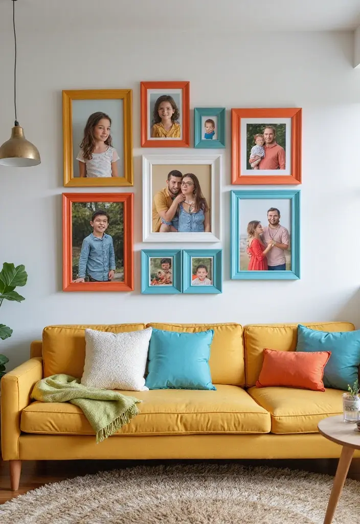 27 Living Room Photo Frame Ideas That Tell Your Story - 3. Color Burst Collage