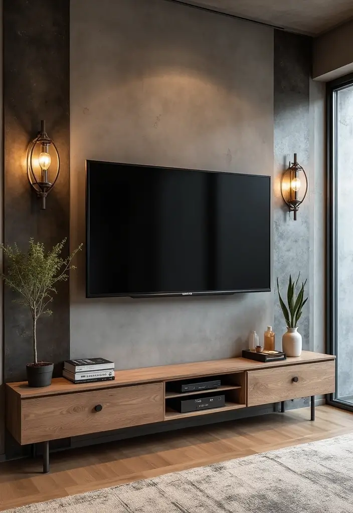 27 Living Room Television Wall Ideas That Feel Sleek and Modern - 17. Industrial Style with Metal Accents