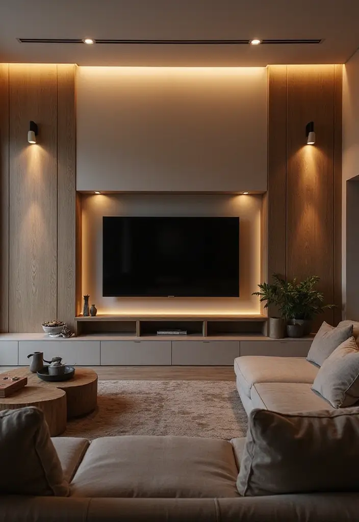27 Living Room Television Wall Ideas That Feel Sleek and Modern - 21. Elegant Built-in Lighting