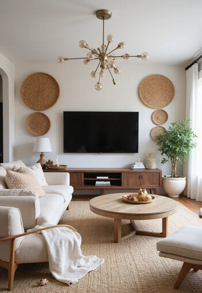 27 Living Room Television Wall Ideas That Feel Sleek and Modern - 24. Chic Rattan Accents