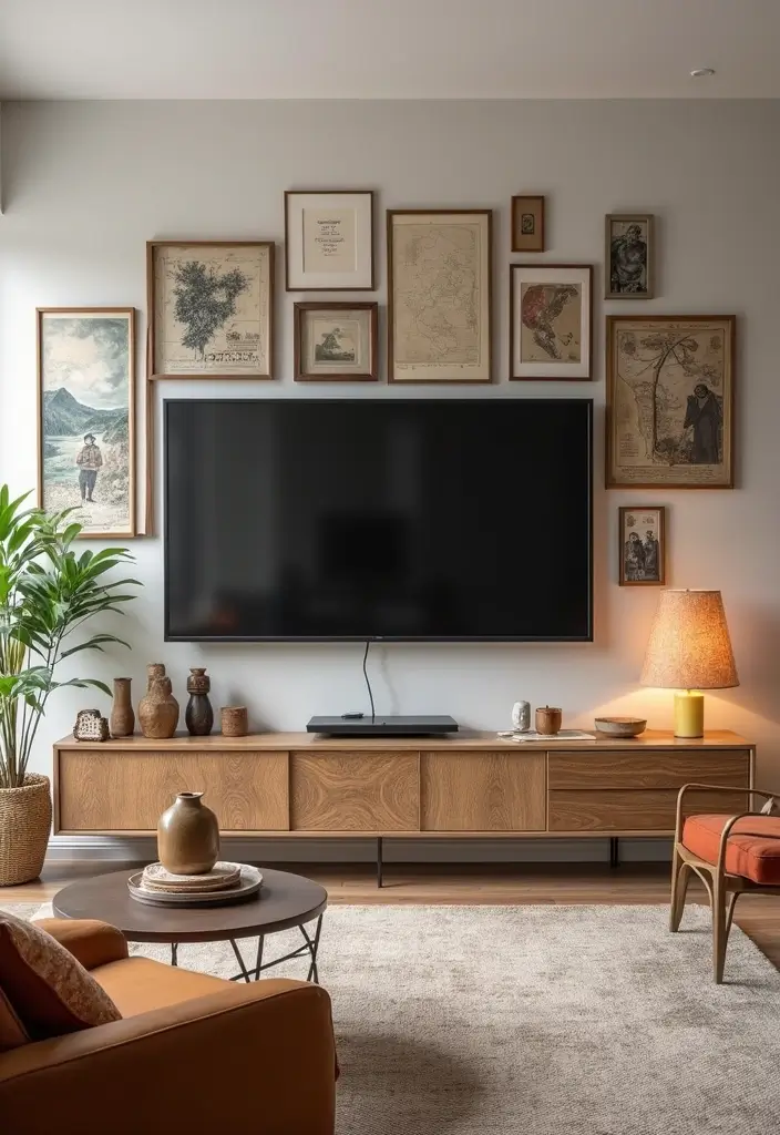 27 Living Room Television Wall Ideas That Feel Sleek and Modern - 27. Personal Touches with Travel Artifacts