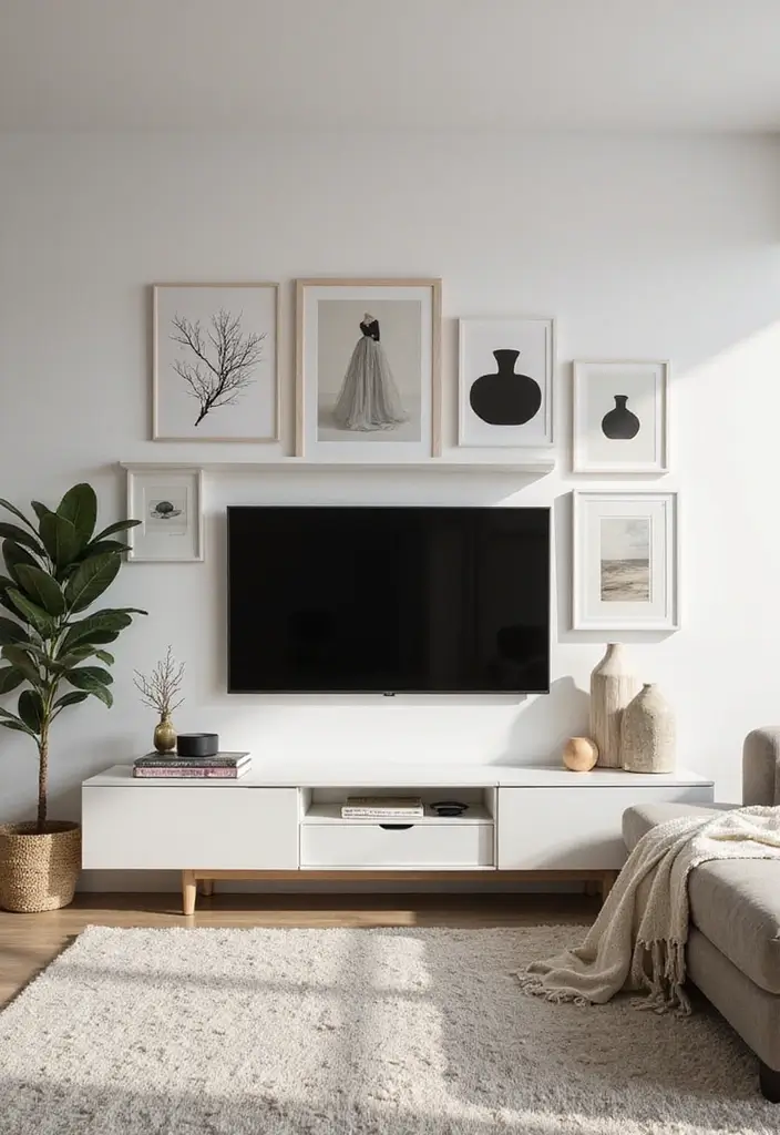27 Living Room Television Wall Ideas That Feel Sleek and Modern - 4. Minimalist Wall Art Surround
