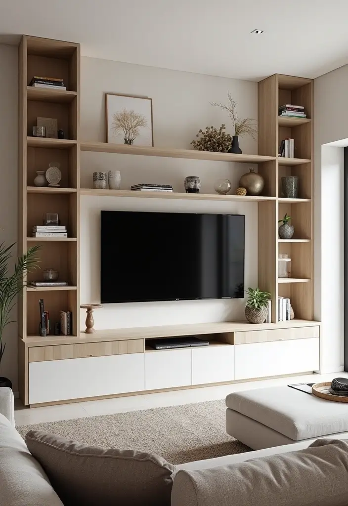 27 Living Room Television Wall Ideas That Feel Sleek and Modern - 9. Open Shelving for Display and Functionality