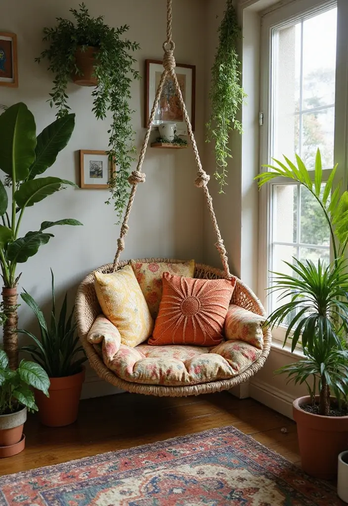 27 Living Room With Swing Ideas That Feel Fun and Relaxed - 1. Bohemian Bliss