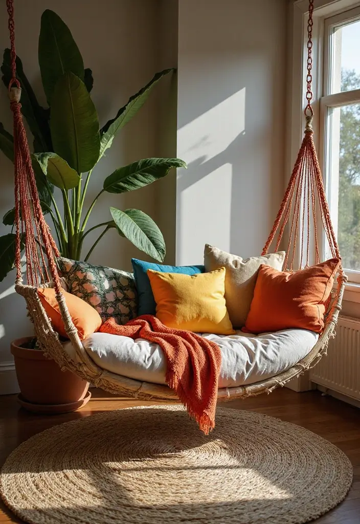 27 Living Room With Swing Ideas That Feel Fun and Relaxed - 11. Chic Hammock Swing