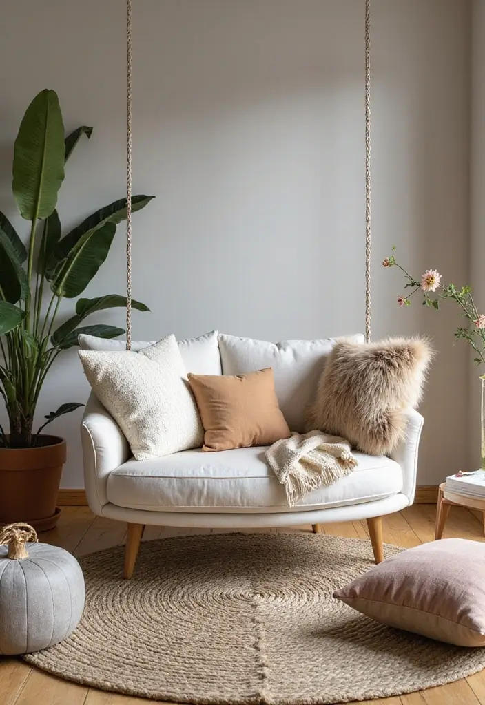 27 Living Room With Swing Ideas That Feel Fun and Relaxed - 12. Swinging Sofa