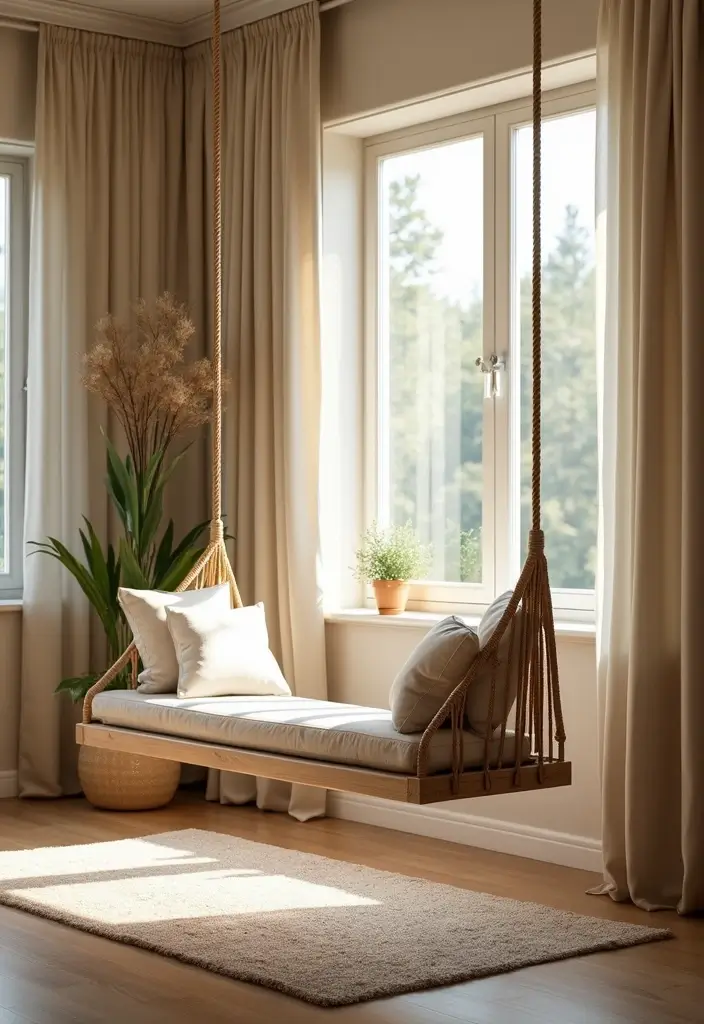 27 Living Room With Swing Ideas That Feel Fun and Relaxed - 14. Zen Retreat