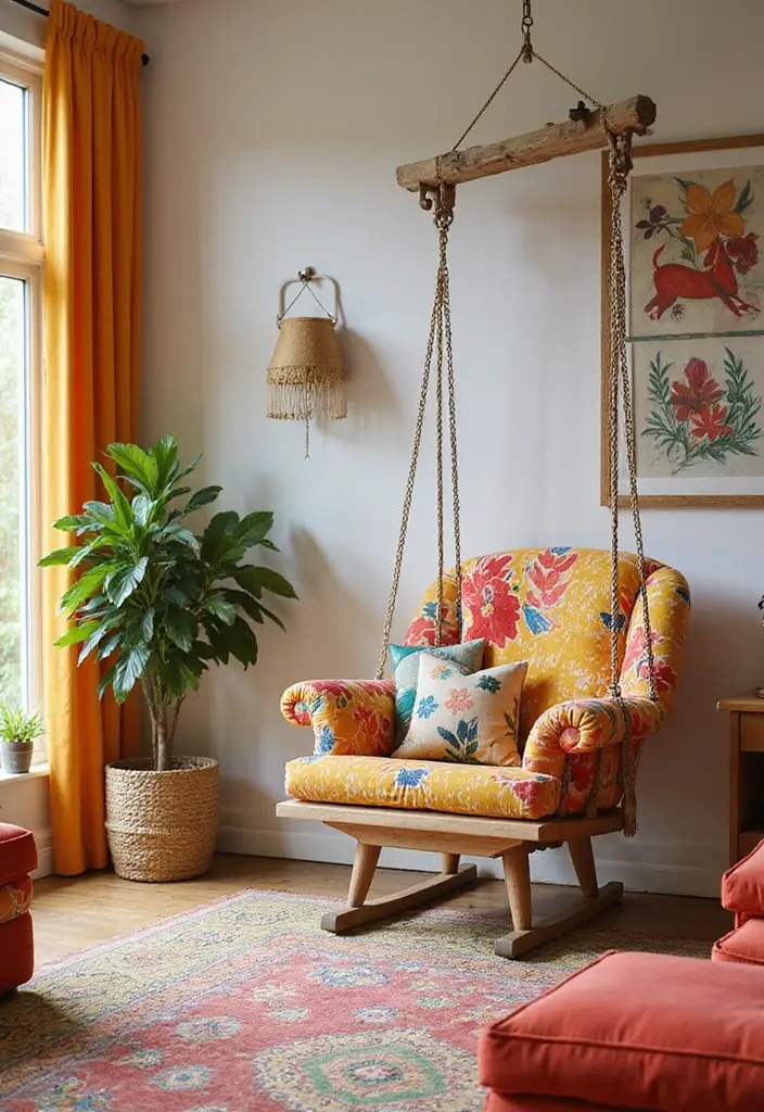 27 Living Room With Swing Ideas That Feel Fun and Relaxed - 15. Playful Patterns