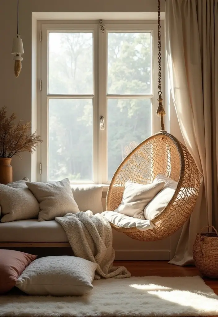 27 Living Room With Swing Ideas That Feel Fun and Relaxed - 18. Cozy Corner Escape