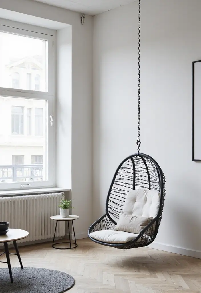 27 Living Room With Swing Ideas That Feel Fun and Relaxed - 2. Minimalist Charm