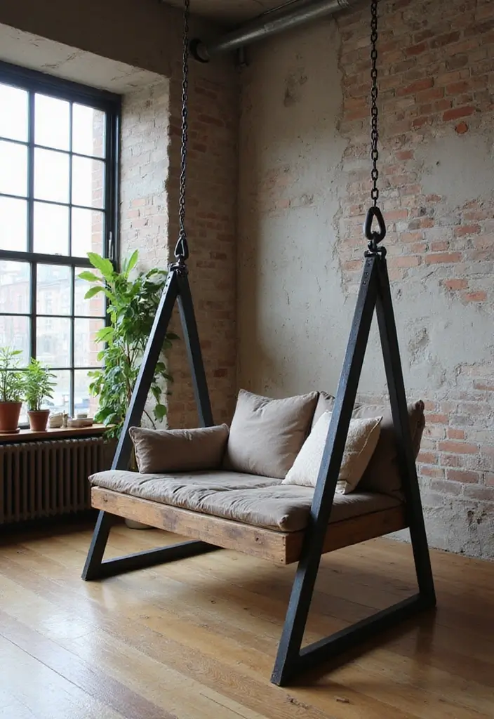 27 Living Room With Swing Ideas That Feel Fun and Relaxed - 20. Urban Loft Vibes