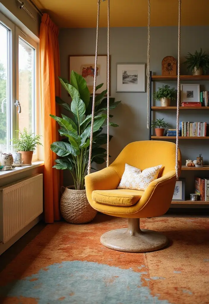 27 Living Room With Swing Ideas That Feel Fun and Relaxed - 23. Retro Revival