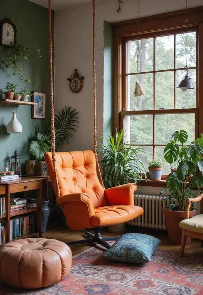 27 Living Room With Swing Ideas That Feel Fun and Relaxed - 26. Eclectic Mix