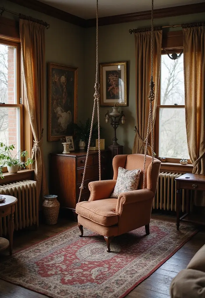 27 Living Room With Swing Ideas That Feel Fun and Relaxed - 3. Vintage Vibes