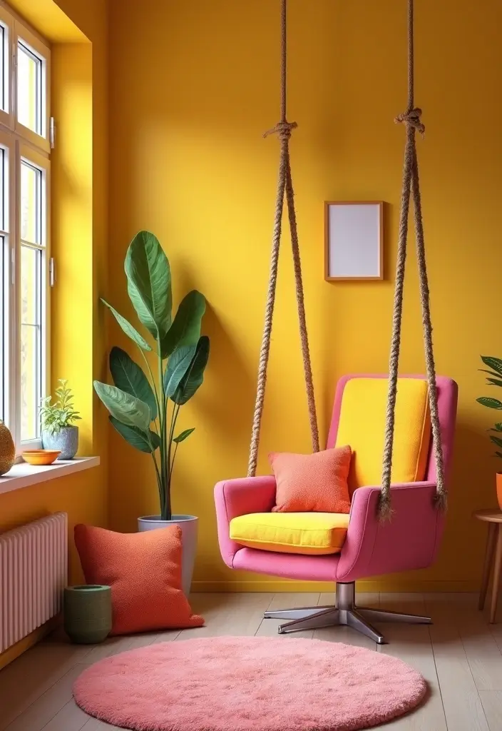 27 Living Room With Swing Ideas That Feel Fun and Relaxed - 4. Colorful Playfulness