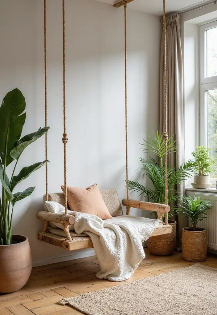 27 Living Room With Swing Ideas That Feel Fun and Relaxed - 5. Nature-Inspired Sanctuary
