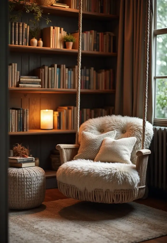 27 Living Room With Swing Ideas That Feel Fun and Relaxed - 6. Cozy Reading Nook