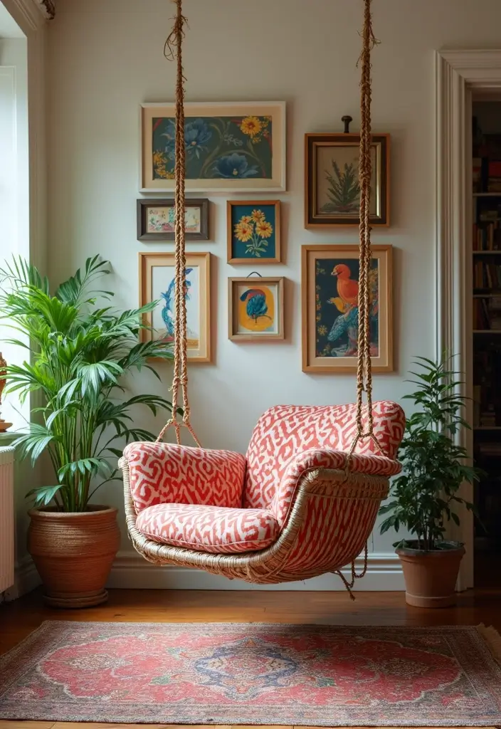 27 Living Room With Swing Ideas That Feel Fun and Relaxed - 7. Artistic Flair