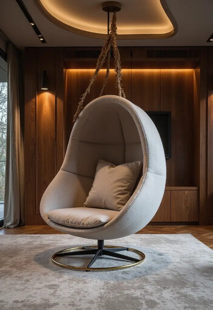 27 Living Room With Swing Ideas That Feel Fun and Relaxed - 9. Elevated Elegance