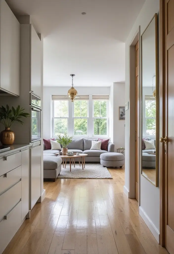 27 Narrow Open Plan Kitchen Living Room Ideas That Maximize Flow - 15. Use of Mirrors to Create Depth
