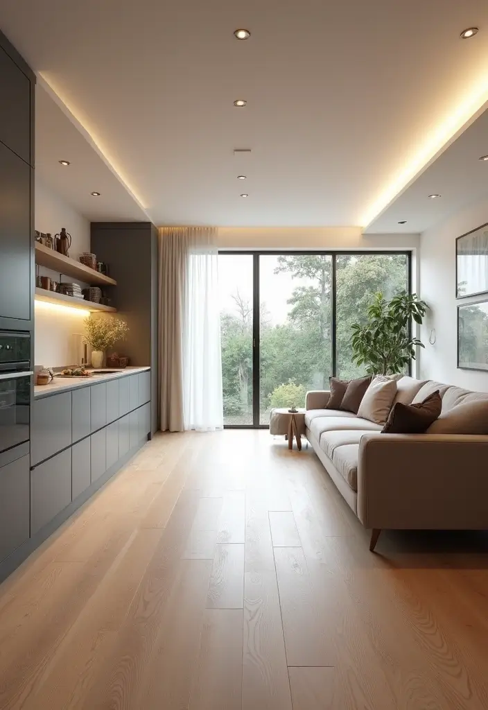 27 Narrow Open Plan Kitchen Living Room Ideas That Maximize Flow - 20. Continuous Flooring for Flow