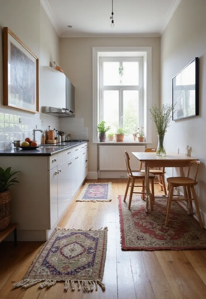 27 Narrow Open Plan Kitchen Living Room Ideas That Maximize Flow - 6. Define Dual Spaces with Rugs