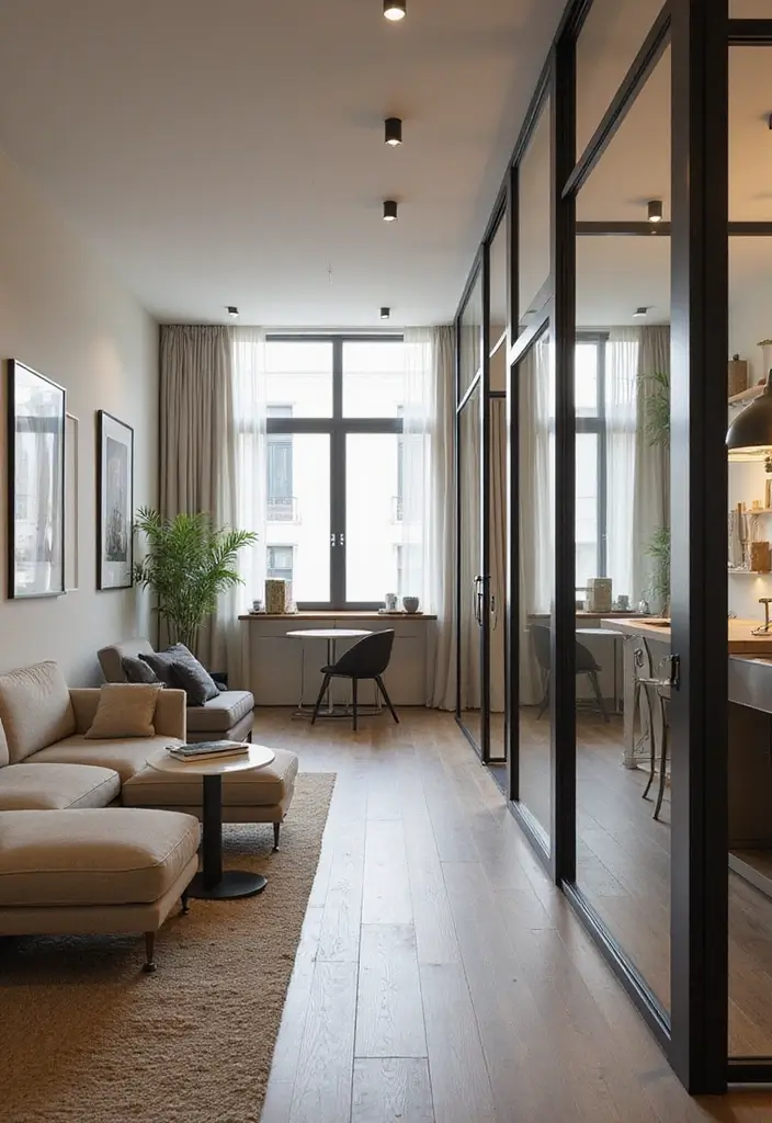 27 Narrow Open Plan Kitchen Living Room Ideas That Maximize Flow - 9. Glass Partitions for a Light and Open Feel