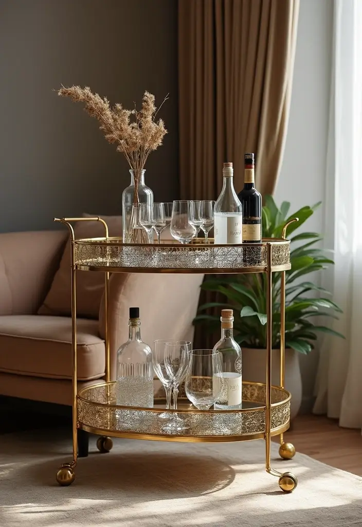27 Red Carpet Living Room Ideas That Feel Glamorous and Bold - 11. Elegant Bar Carts