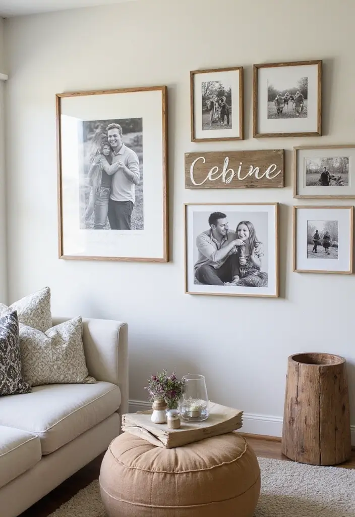 27 Small Farmhouse Living Room Ideas That Feel Rustic and Warm - 10. Personalized Wall Decor