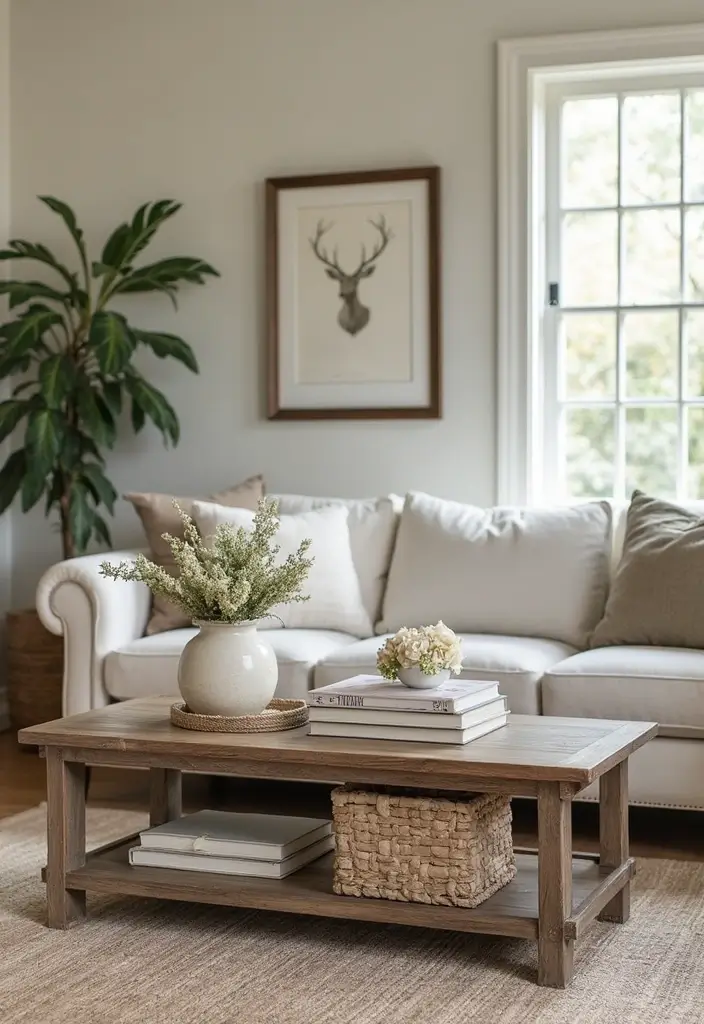 27 Small Farmhouse Living Room Ideas That Feel Rustic and Warm - 12. Low Coffee Tables for Functionality