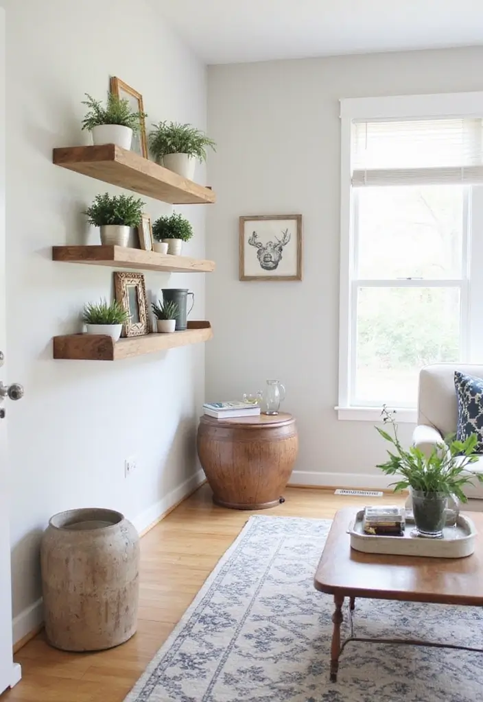 27 Small Farmhouse Living Room Ideas That Feel Rustic and Warm - 14. Incorporate Wall-Mounted Storage