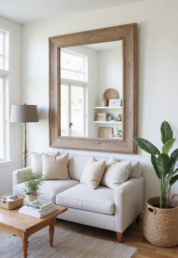 27 Small Farmhouse Living Room Ideas That Feel Rustic and Warm - 17. Use Mirrors to Create Space
