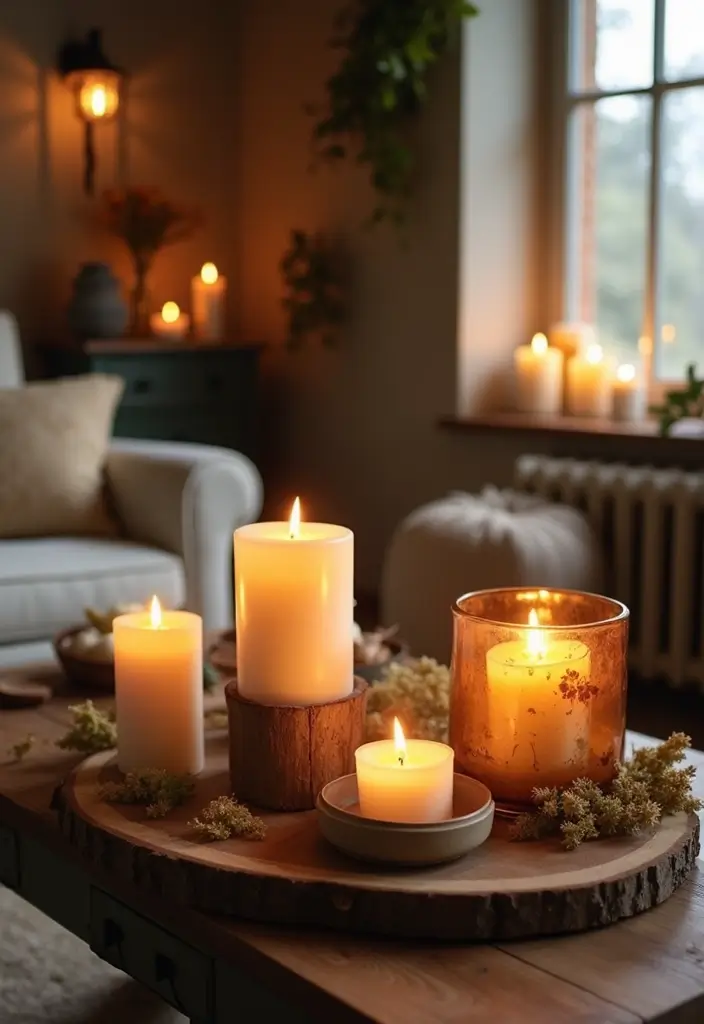 27 Small Farmhouse Living Room Ideas That Feel Rustic and Warm - 21. Create a Cozy Atmosphere with Candles