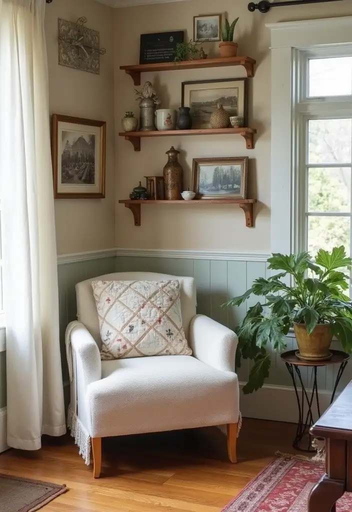 27 Small Farmhouse Living Room Ideas That Feel Rustic and Warm - 22. Showcase Family Heirlooms