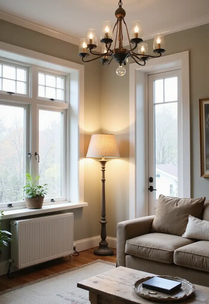 27 Small Farmhouse Living Room Ideas That Feel Rustic and Warm - 7. Statement Lighting